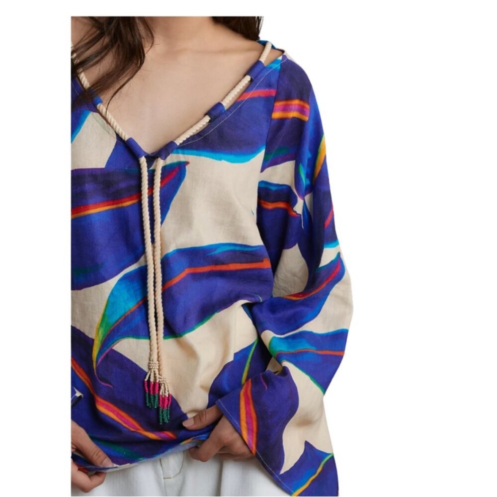 Farm Rio Long-Sleeve Rope-Tie Linen Blouse